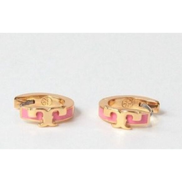 TORY BURCH SERIF T PINK ENAMEL HUGGIE HOOP EARRINGS - Picture 1 of 6